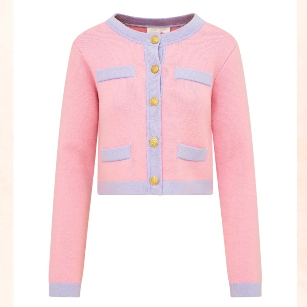 LoveShackFancy Elif Cardigan Sweater Pink Lavender 100% Wool Gold Button Women M - Picture 10 of 11